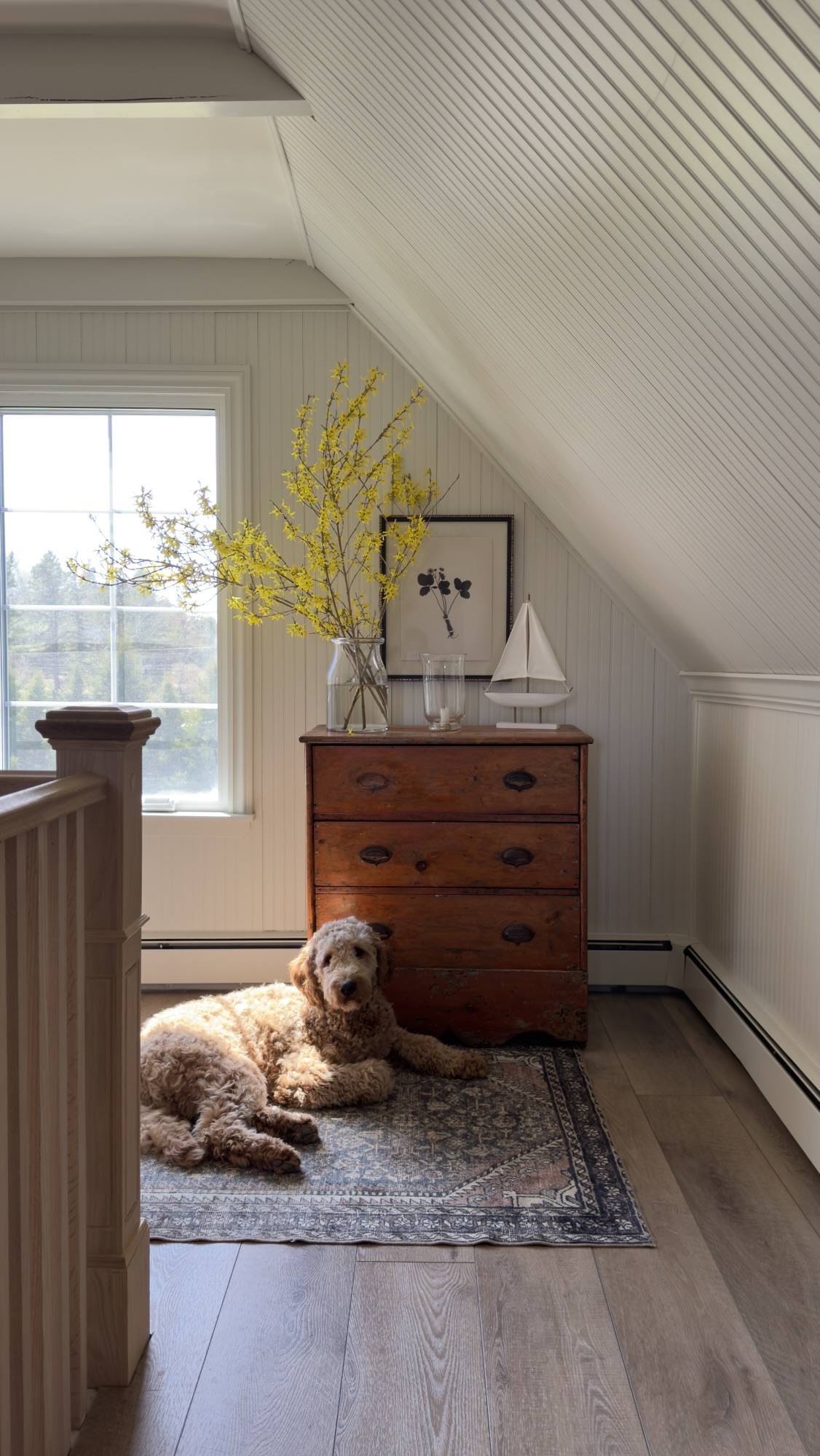 beadboard and beamed hallway