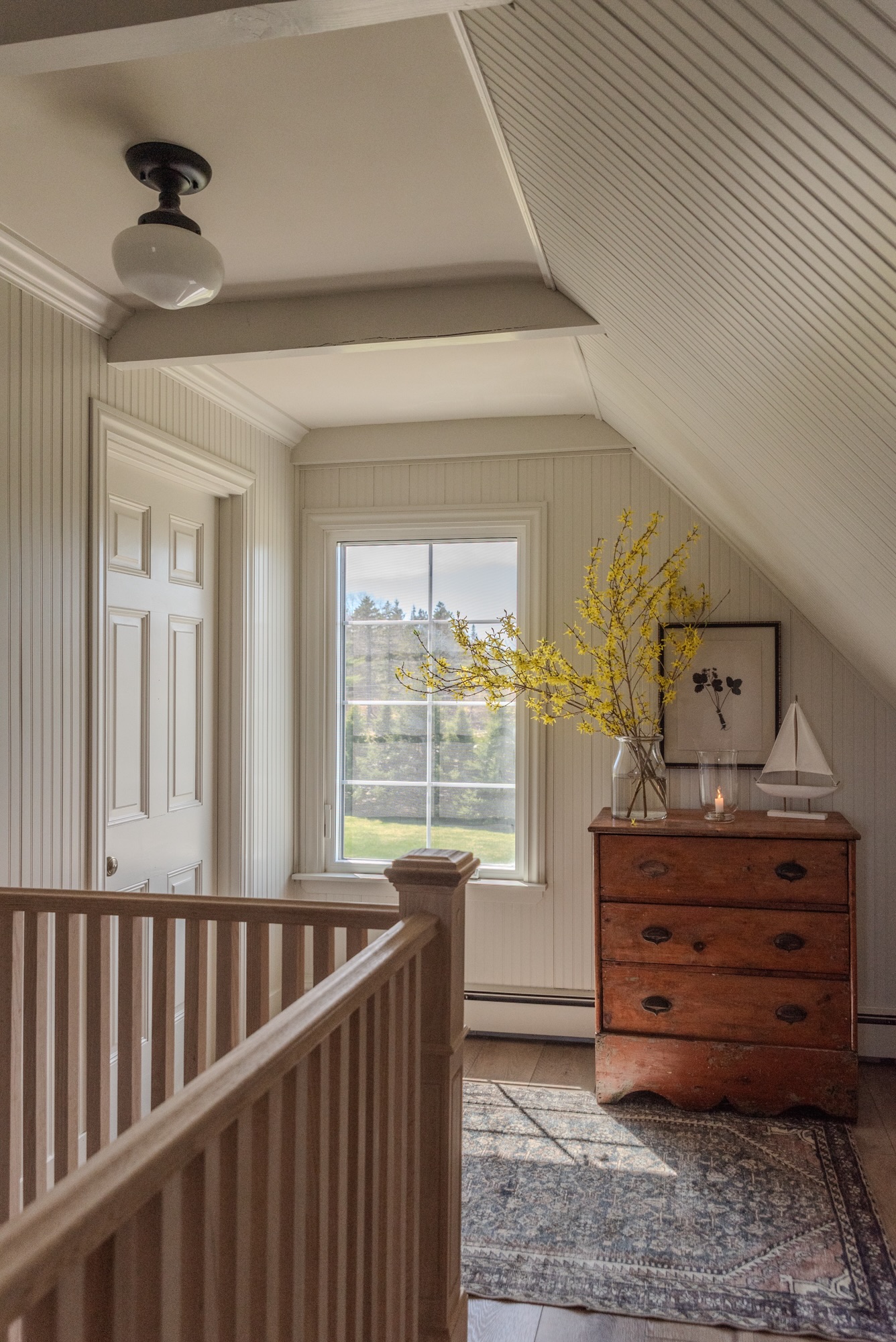beadboard and beamed hallway